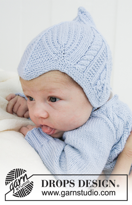 Celestina Hat / DROPS Baby 31-7 - Gorro tricotado para bébé, com torcidos e ponto jarreteira, em DROPS BabyMerino. Tamanhos (prematuro) - 4 anos.