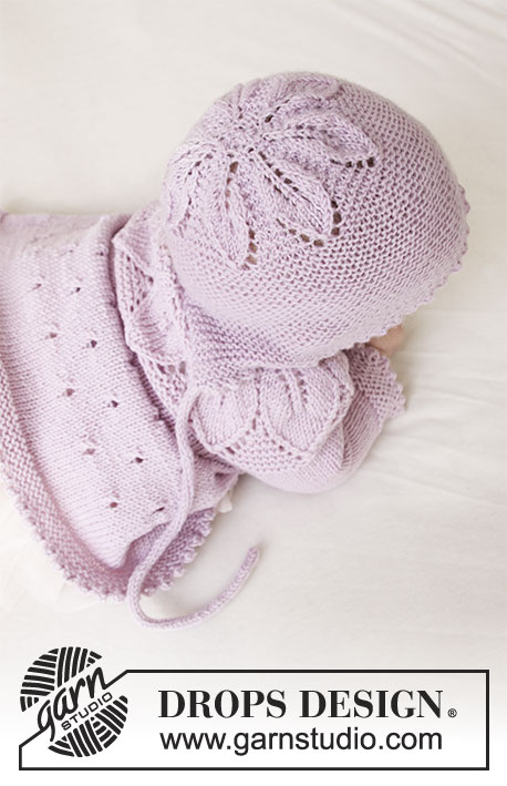 Pink Petals Hat / DROPS Baby 33-14 - Gebreid mutsje voor baby’s met bladpatroon en ribbelsteek in DROPS BabyMerino. Maten 0-24 maanden.