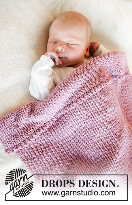 Small Dreams / DROPS Baby 33-15 - Knitted blanket for baby in DROPS BabyMerino. Piece is knitted sideways in garter stitch and lace edge. Size 45 x 52 cm (65 x 80 cm). Theme: Baby blanket