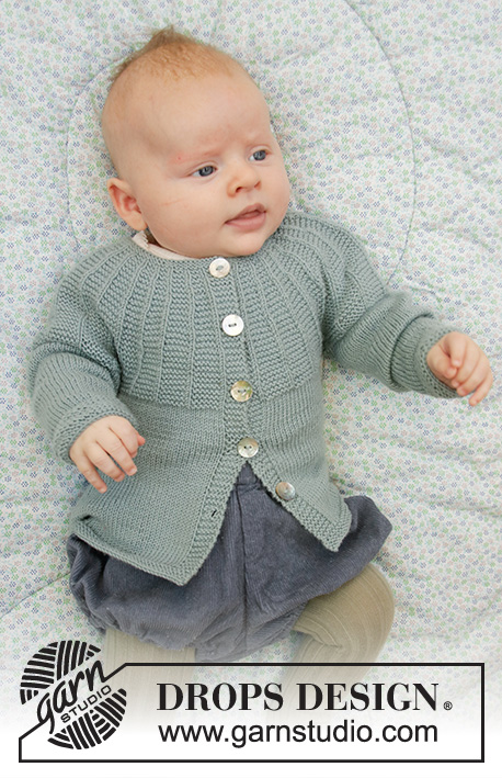 Baby Business / DROPS Baby 33-19 - Rozpinany sweterek niemowlęcy/dziecięcy na drutach, przerabiany od góry do dołu, z zaokrąglonym karczkiem i ściegiem strukturalnym, z włóczki DROPS BabyMerino. Od wcześniak do 2 lat.