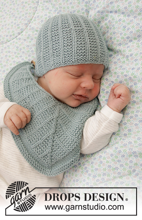 Baby Business Set / DROPS Baby 33-20 - Stickad mössa och haklapp till baby DROPS BabyMerino med slätstickning och rätstickning. Storlek prematur till 4 år.