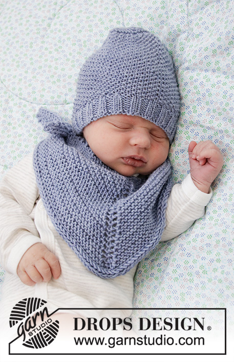 Baby Talk Set / DROPS Baby 33-29 - Bonnet et châle pour bébé tricotés en DROPS BabyMerino au point de riz et point mousse.  De la taille prématuré au 4 ans (= bonnet) et taille unique (= châle).
