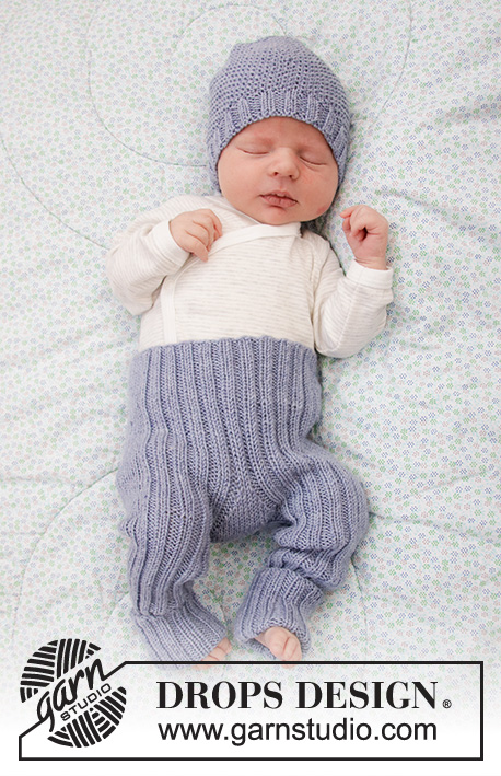 Baby Talk Pants / DROPS Baby 33-31 - Strikket bukse med vrangbord og lue med perlestrikk til baby. Settet er strikket i DROPS BabyMerino. Størrelse: Prematur til 4 år.