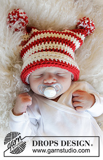 Tiny Elf / DROPS Baby 33-5 - Gorro bebé crochetado em DROPS Merino Extra Fine, com riscas e pompons. Tamanhos : prematuro - 4 anos