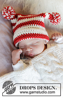 Tiny Elf / DROPS Baby 33-5 - Vauvan virkattu myssy DROPS Merino Extra Fine -langasta. Työssä on raitoja ja tupsuja. Koot keskonen - 4 vuotta.