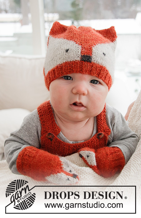 Baby Fox / DROPS Baby 36-1 - Completo ai ferri per bambini: berretto e muffole con motivo jacquard con volpe in DROPS Alpaca. Taglie: Da Prematuri a 4 anni.