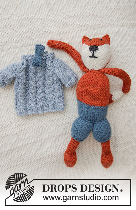 Mister Fox / DROPS Baby 36-11 - DROPS Alpaca lõngast kootud mänguasi pükstega rebane ja ta kikilipsuga kampsun