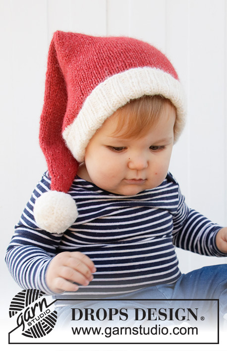 Sleepy Santa Hat / DROPS Baby 36-12 - Baby špičatá Santa čepice s bambulí pletená z příze DROPS Air. Velikost nedonošenci – 2 roky. Motiv: Vánoce.