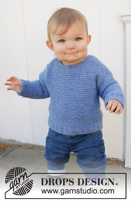 Baby Blue Note / DROPS Baby 36-13 - Sweter niemowlęcy lub dziecięcy na drutach, przerabiany od góry do dołu, z włóczki DROPS Air, ściegiem francuskim. Od 6 miesięcy do 8 lat.