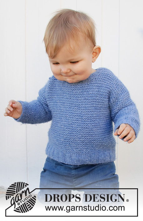 Baby Blue Note / DROPS Baby 36-13 - Sweter niemowlęcy lub dziecięcy na drutach, przerabiany od góry do dołu, z włóczki DROPS Air, ściegiem francuskim. Od 6 miesięcy do 8 lat.