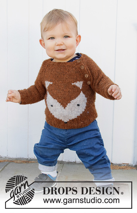 Little Fox / DROPS Baby 36-14 - Pull tricoté de haut en bas pour bébé et enfant, en DROPS Sky,  avec emmanchures raglan et jacquard renard. Du 1 mois au 8 ans.