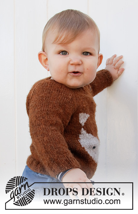 Little Fox / DROPS Baby 36-14 - Stickad tröja med raglan till baby och barn i DROPS Sky. Arbetet stickas uppifrån och ner med rävmönster. Storlek 1 månad – 8 år.