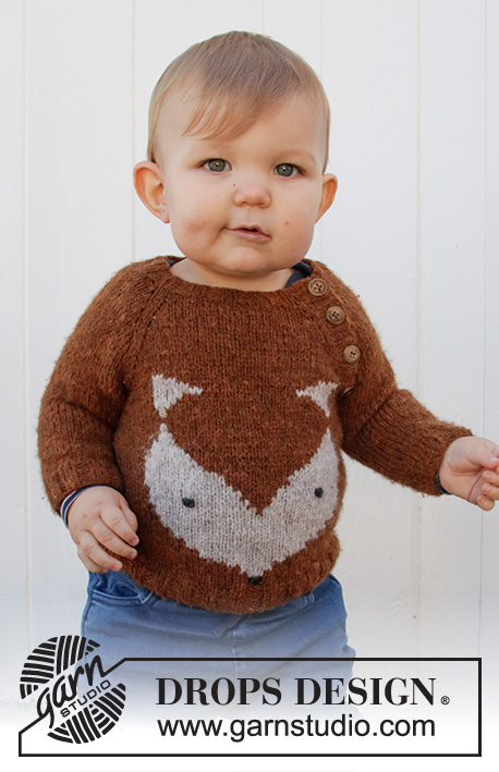 Little Fox / DROPS Baby 36-14 - Sweterek dla niemowląt i małych dzieci na drutach, przerabiany od góry do dołu, z włóczki DROPS Sky, z reglanowymi rękawami i żakardem z lisem. Od 1 miesiąca do 8 lat.