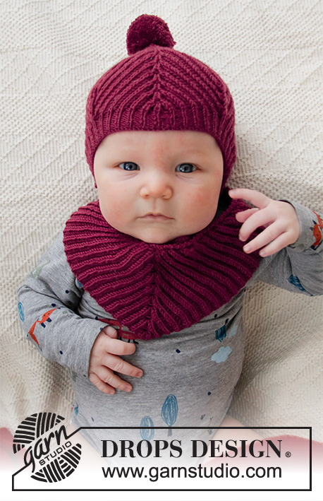 Baby Plum / DROPS Baby 36-7 - Stickad mössa och haklapp med patent till baby i DROPS BabyMerino.
Storlek 1 månad – 4 år. 

