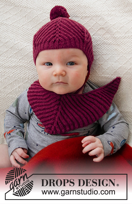 Baby Plum / DROPS Baby 36-7 - Bonnet et bavoir tricotés pour bébé, en côtes anglaises, en DROPS BabyMerino. Du 1 mois – 4 ans.