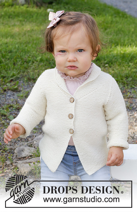 Busy Lizzie / DROPS Baby & Children 38-10 - Kabátek s límečkem pro miminka i děti pletený vroubkovým vzorem z příze DROPS BabyMerino. Velikost: 0 – 4 roky.