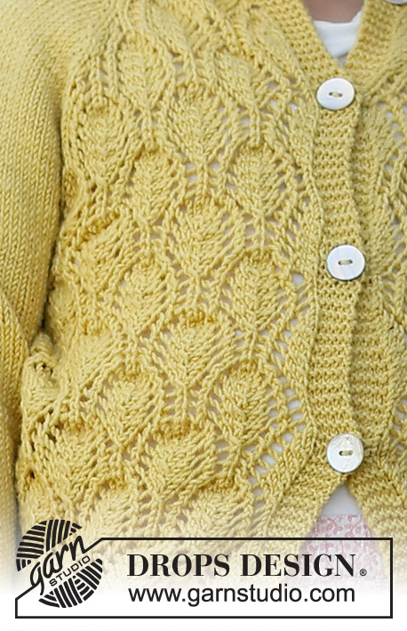 Sweet Marigold / DROPS Baby & Children 38-11 - Dziecięcy sweter rozpinany na drutach, przerabiany od góry do dołu, z włóczki DROPS BabyMerino, z reglanowymi rękawami i ściegiem ażurowym, z włóczki DROPS BabyMerino. Od 6 miesięcy do 8 lat.