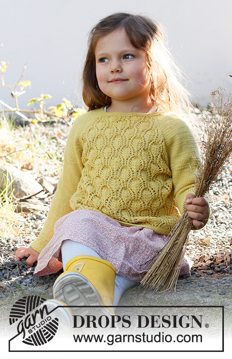 Sweet Marigold Sweater / DROPS Baby & Children 38-12 - Stickad tröja till baby och barn i DROPS BabyMerino. Arbetet stickas uppifrån och ner med raglan och hålmönster. Storlek 6 månader - 8 år.