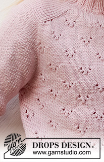 Pink Peony / DROPS Baby & Children 38-21 - Gebreide trui voor kinderen in DROPS Baby Merino. Het werk wordt van boven naar beneden gebreid met zadelschouders, kantpatroon en korte mouwen. Maten 3-14 jaar.