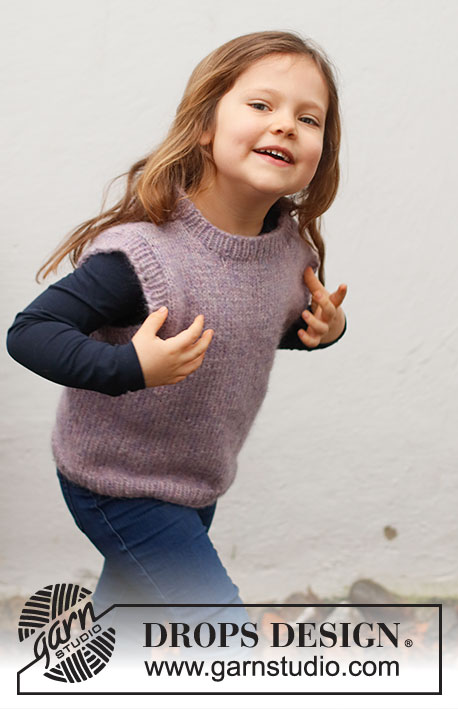 Lavender Smiles / DROPS Baby & Children 38-24 - Gebreide spencer / slip-over voor kinderen in DROPS Air. Het werk wordt gebreid in tricotsteek met randen in ribbelsteek. Maten 3-12 jaar.