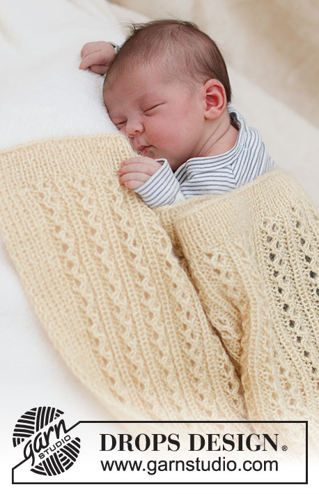 Honey Honey / DROPS Baby & Children 39-4 - Knitted blanket for baby in DROPS BabyMerino and DROPS Kid-Silk. The piece is worked with lace pattern. Theme: Baby blanket