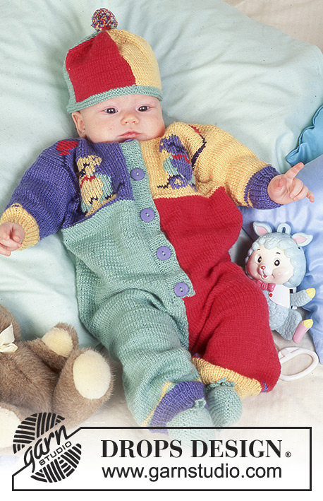 Circus Smiles / DROPS Baby 4-14 - DROPS kruippak met teddybeermotief, muts en sokken van “BabyMerino”. 

