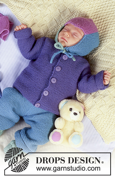 Colourful Dreams / DROPS Baby 4-18 - Casaco, calças, gorro, mitenes, botinhas e cachecol DROPS em ponto jarreteira em BabyMerino. Manta em Karisma. Tema: Manta para Bebé