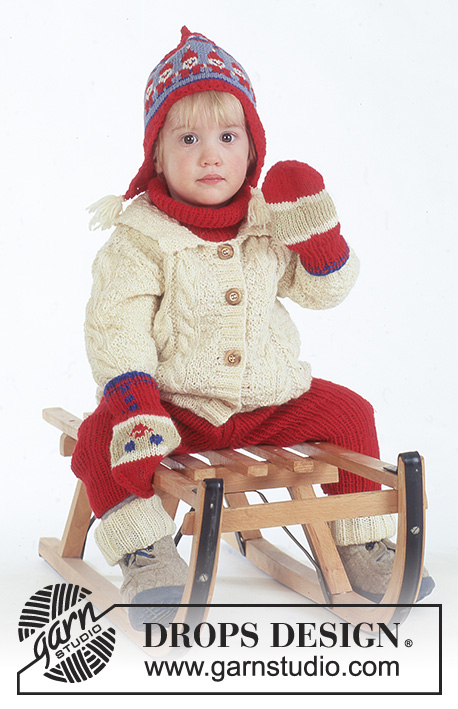 Santa's Slide / DROPS Baby 4-20 - DROPS Karisma lõngast kootud palmikutega laste / beebi kampsun, soonikkoes püksid, päkapikkudega mustriga müts ja kindad, sokid, pärlkoes ja soonikoes kaelussall,  suurused 3 kuusele kuni 4 aastasele