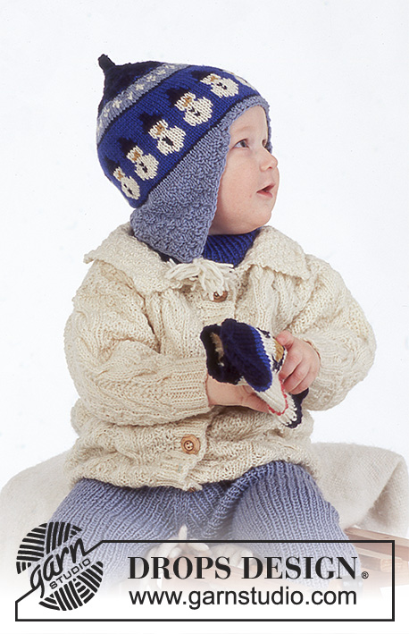 Riding Snowman / DROPS Baby 4-23 - DROPS Karisma lõngast kootud palmikutega kampsun, püksid, müts, kindad, sokid ja kaelussall