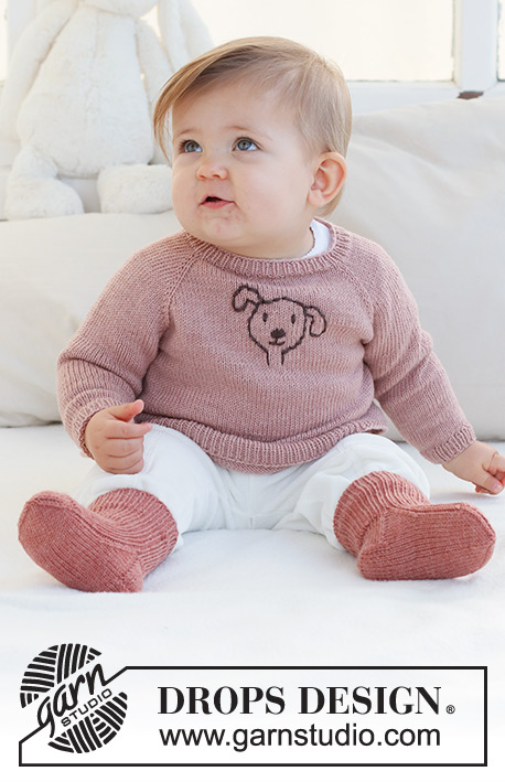 Woof Woof Sweater / DROPS Baby 42-1 - Pulôver tricotado de cima para baixo para bebé e criança, com cavas raglan e bordado de cão, em DROPS BabyMerino. Tamanhos: 0 - 4 anos.