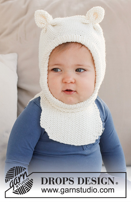 Sweet Teddy Balaclava / DROPS Baby 42-21 - Bonnet / Cagoule tricotée pour bébé et enfant, au point de riz, avec oreilles, en DROPS Merino Extra Fine. Du 1 mois au 4 ans