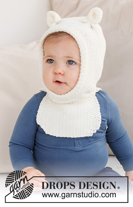 Sweet Teddy Balaclava / DROPS Baby 42-21 - Bonnet / Cagoule tricotée pour bébé et enfant, au point de riz, avec oreilles, en DROPS Merino Extra Fine. Du 1 mois au 4 ans