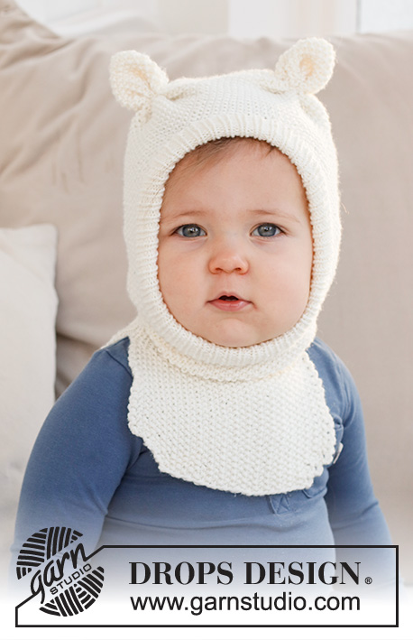 Sweet Teddy Balaclava / DROPS Baby 42-21 - Gorro / Capuz / Balaclava tricotado para bebé e criança, em ponto de arroz, com orelhas, em DROPS Merino Extra Fine. Tamanhos: 1 mês - 4 anos