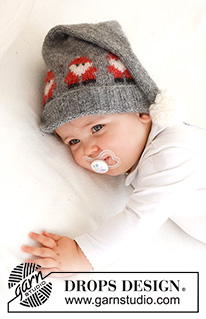 Merry Santas Hat / DROPS Baby 42-22 - DROPS Air lõngast kootud jõuluvana mustriga päkapikkudega tutiga müts vastusündinud beebile kuni 2 aastasele lapsele 
Teema: jõuludeks