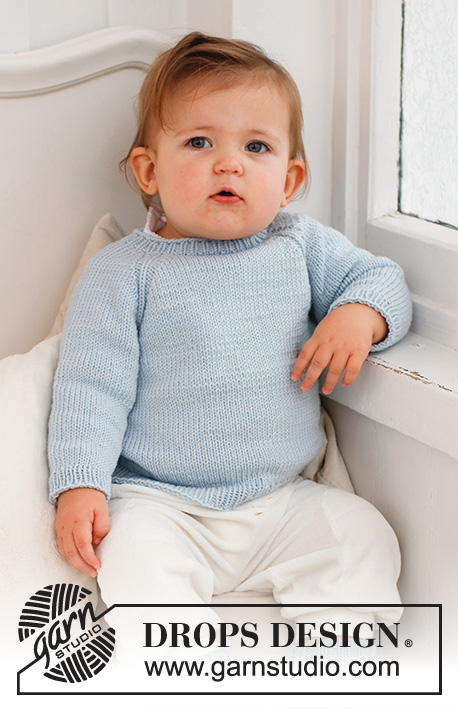 Dream in Blue / DROPS Baby 42-5 - Pull tricoté de haut en bas pour bébé et enfant, avec emmanchures raglan, en DROPS Merino Extra Fine. Du 0 au 4 ans.
