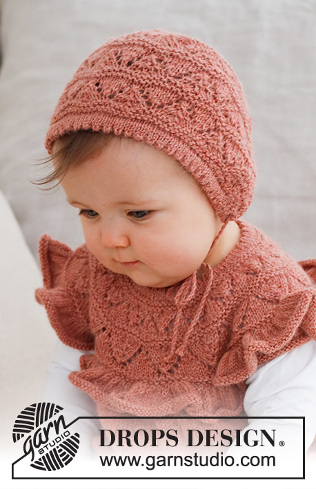 Sweet Primrose Bonnet / DROPS Baby 43-16 - DROPS Alpaca lõngast kootud pitsmustriga beebi müts vastusündinud beebile kuni 2 aastasele lapsele