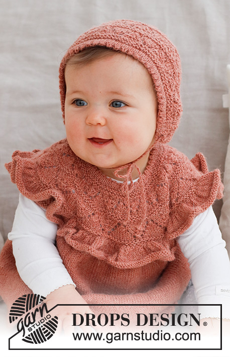 Sweet Primrose Bonnet / DROPS Baby 43-16 - Gorro / touca tricotado para bebé em DROPS Alpaca, com ponto rendado. Dos 0 ao 2 anos.