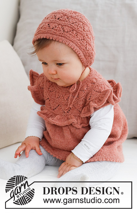 Sweet Primrose Bonnet / DROPS Baby 43-16 - Czapka na drutach dla niemowląt i małych dzieci, z włóczki DROPS Alpaca, ściegiem ażurowym. Od 0 do 2 lat.