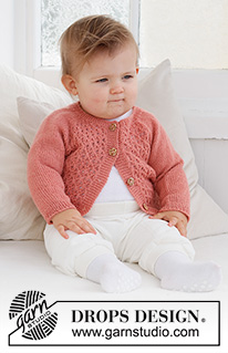 Cotswolds Cardigan / DROPS Baby 43-2 - Baby raglánový propínací svetr s krajkovým vzorem pletený shora dolů z příze DROPS Flora. Velikost 0 – 2 roky.