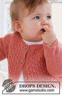 Cotswolds Cardigan / DROPS Baby 43-2 - Casaco tricotado de cima para baixo para bebé, com cavas raglan e ponto rendado, em DROPS Flora. Tamanhos: 0 - 2 anos.