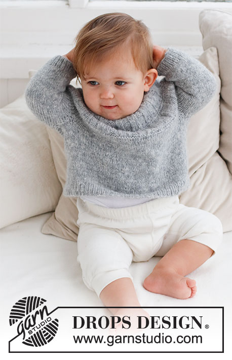 Sweet Gleam / DROPS Baby 43-5 - Niemowlęcy i dziecięcy sweter na drutach, przerabiany od góry do dołu, z zaokrąglonym karczkiem ściągaczem, z włóczki DROPS Sky. Od rozmiaru wcześniak do 2 lat.
