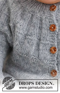 Sweet Gleam Cardigan / DROPS Baby 43-6 - Niemowlęcy i dziecięcy rozpinany sweter na drutach, przerabiany od góry do dołu, z zaokrąglonym karczkiem ściągaczem, z włóczki DROPS Sky. Od rozmiaru wcześniak do 2 lat.
