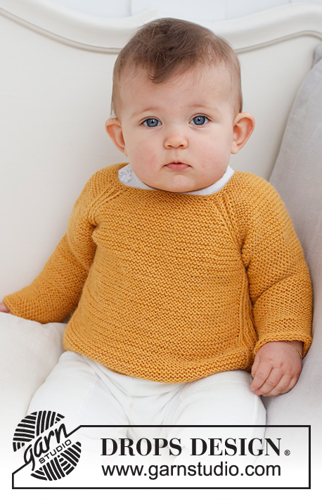 Happy Sunflower / DROPS Baby 43-9 - Gebreide trui voor baby’s en kinderen in DROPS Nord. Het werk wordt van boven naar beneden gebreid, met raglan, Engelse patentsteek en ribbelsteek. Maten 0 - 4 jaar.