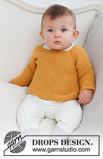 Happy Sunflower / DROPS Baby 43-9 - Gebreide trui voor baby’s en kinderen in DROPS Nord. Het werk wordt van boven naar beneden gebreid, met raglan, Engelse patentsteek en ribbelsteek. Maten 0 - 4 jaar.