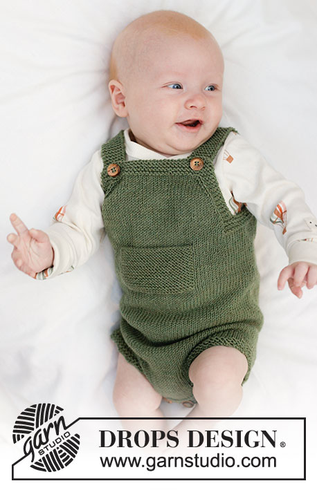 Little Fern Romper / DROPS Baby 45-10 - Combishort tricoté pour bébé en DROPS BabyMerino. Se tricote de haut en bas, en jersey et point mousse. Du 0 au 4 ans