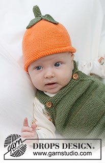 Sweet Tangerine Hat / DROPS Baby 45-11 - Cappello a forma di arancia / mandarino per bambini lavorato all’uncinetto in DROPS BabyMerino. Lavorato dall’alto in basso con stelo e foglie. Taglie: 0 - 4 anni.
