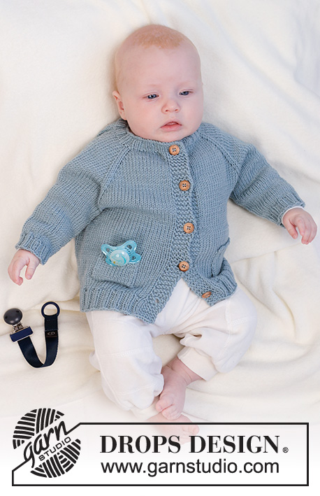 Blue Song / DROPS Baby 45-21 - Knitted jacket for babies in DROPS Merino Extra Fine. The piece is worked top down with raglan and pockets. Sizes 0 - 2 years.