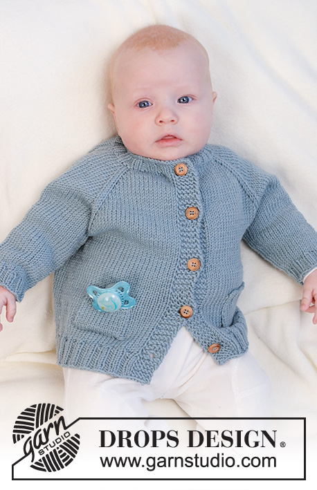 Blue Song / DROPS Baby 45-21 - Casaco tricotado de cima para baixo para bebé, em DROPS Merino Extra Fine. Tricota-se com cavas raglan e bolsos. Tamanhos: 0 - 2 anos.