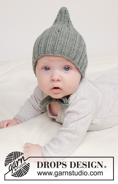 Forest Pixie Hat / DROPS Baby 45-4 - Gorro tricotado para bebé e criança, em DROPS Merino Extra Fine. Tricota-se de cima para baixo, com canelado. Tamanhos : 0 - 4 anos.