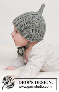 Forest Pixie Hat / DROPS Baby 45-4 - Niemowlęca i dziecięca czapka na drutach, z włóczki DROPS Merino Extra Fine. Przerabiana od góry do dołu, ze ściągaczem. Od 0 do 4 lat.